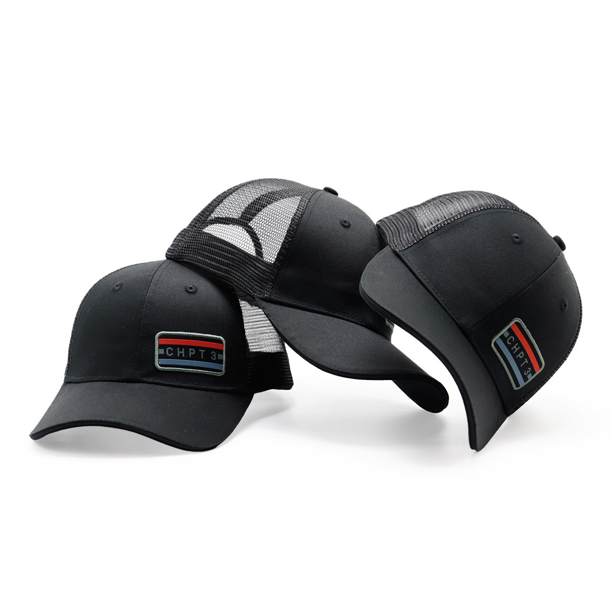 CHPT3 Black Trucker Cap, Mesh Back Snapback Hat, Embroidered Patch, Adjustable Unisex Baseball Hat