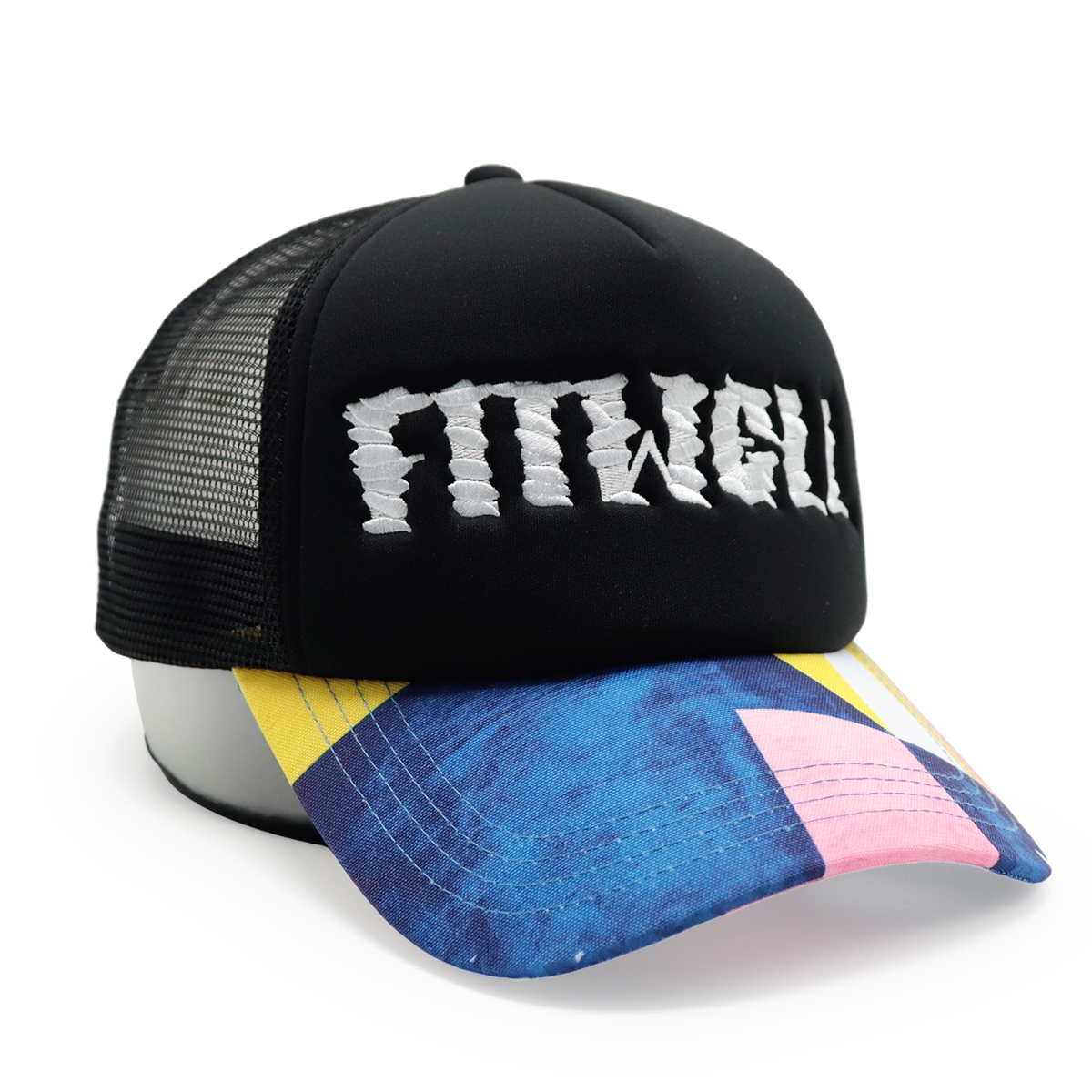 Fitwell Embroidered Logo Trucker Cap, Colorful Printed Brim Foam Mesh Hat, Trendy Snapback