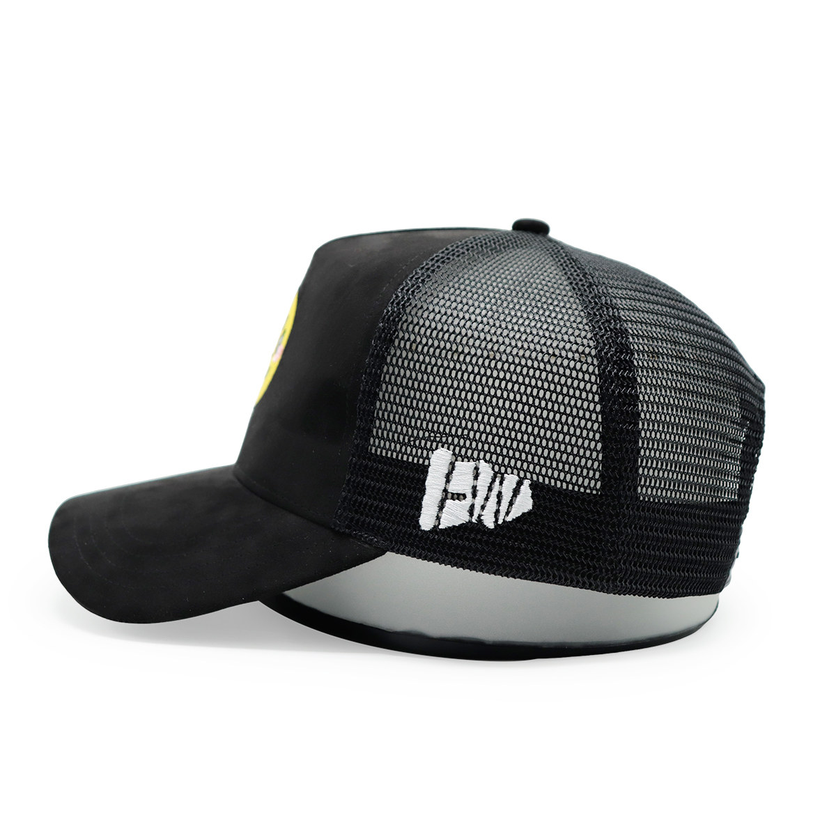 Custom Suede Embroidered Trucker Hats – Mesh Snapback Cap with Smiley Face