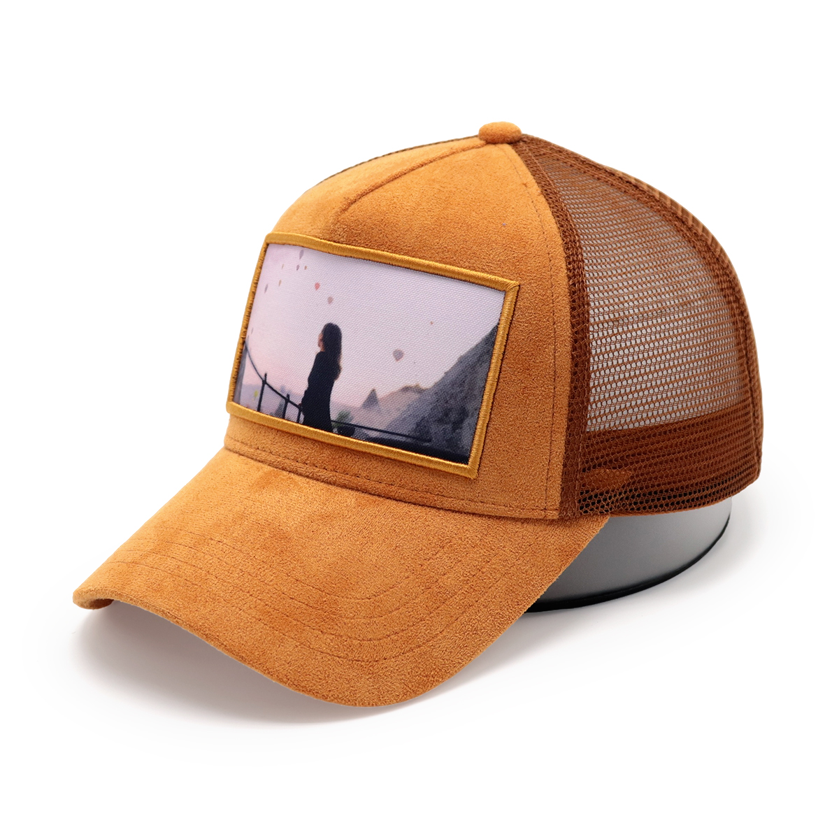 Blue Suede Mesh Trucker Hat – Scenic Patch Baseball Cap, Adjustable Outdoor Cap for Men and Women