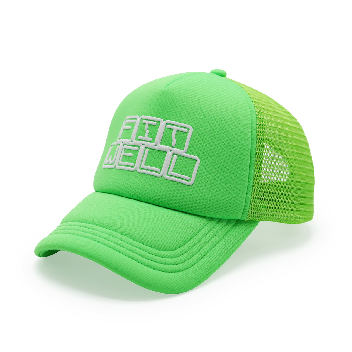 Fitwell Neon Puff Print Trucker Cap, 3D Logo Mesh Hat, Trendy Sports Adjustable Snapback