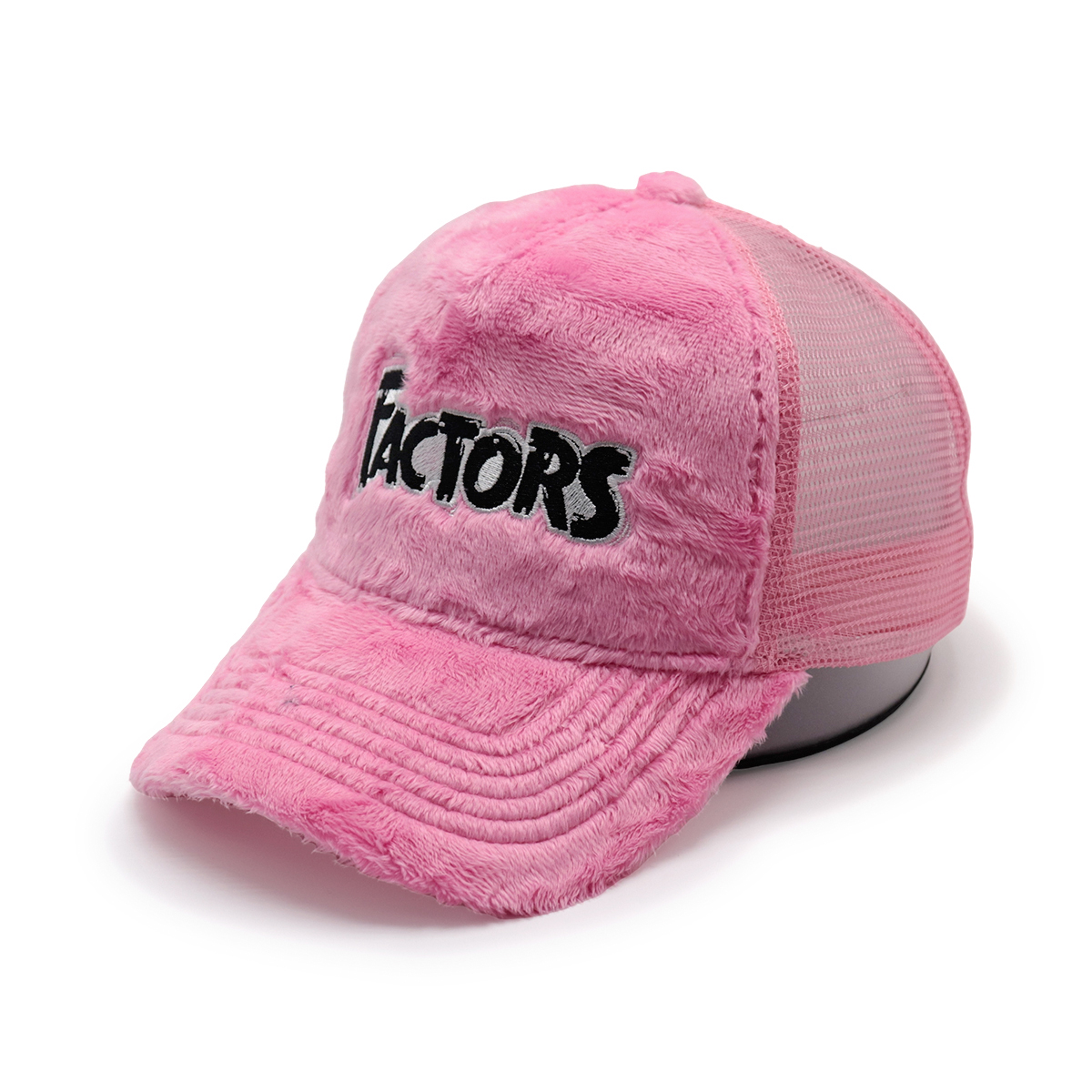 Custom Plush Faux Fur Trucker Hat with “FACTORS” Embroidery, Fluffy Mesh Unisex Streetwear Cap