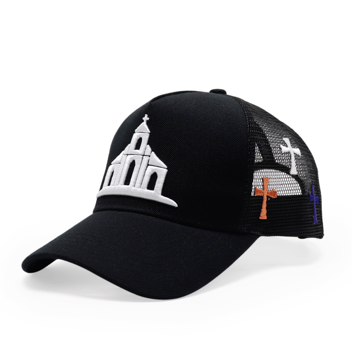 Black Church Embroidery Trucker Hat with Multicolor Crosses