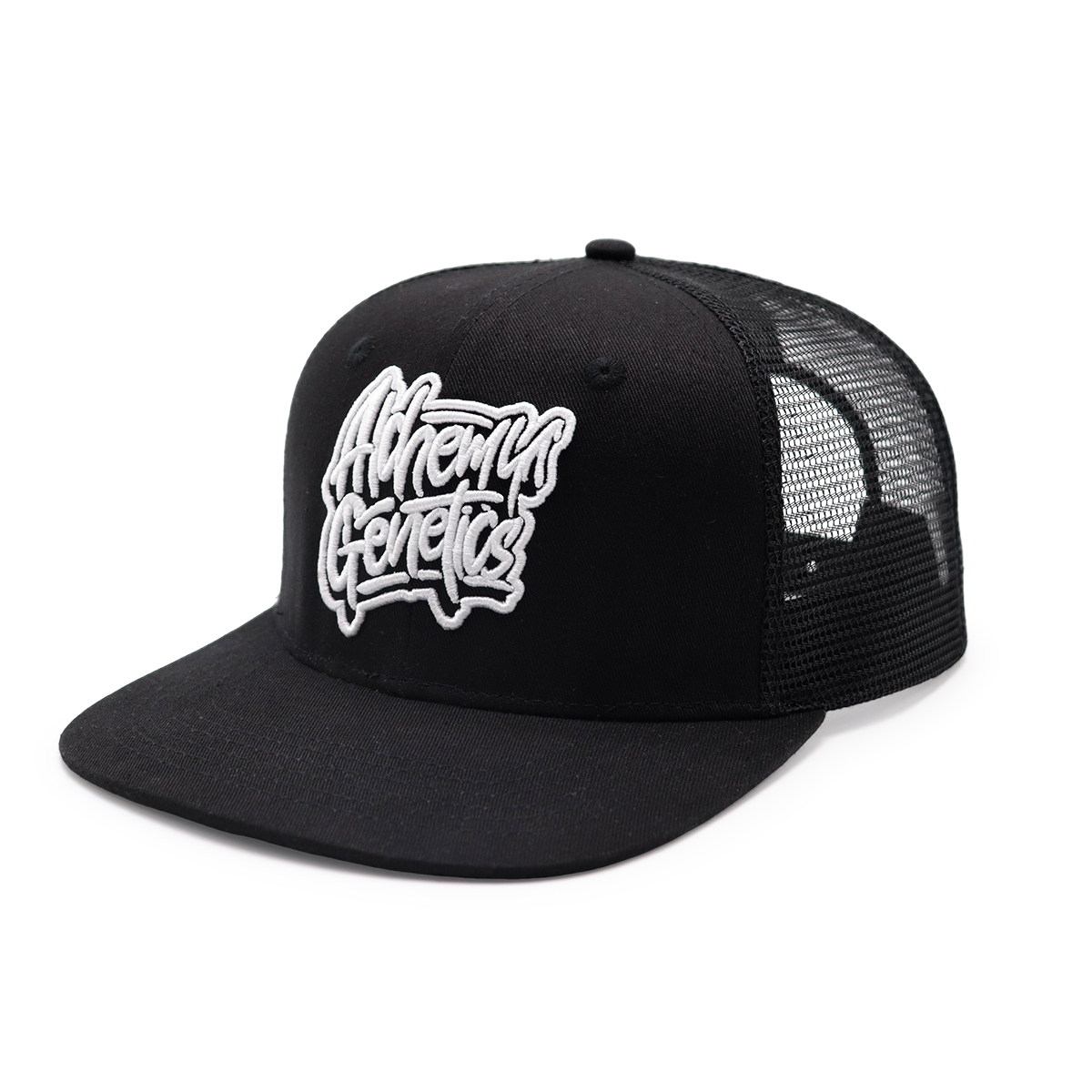 Alchemy Genetics 3D Embroidered Flat Brim Trucker Hat – Unisex Mesh Snapback Cap
