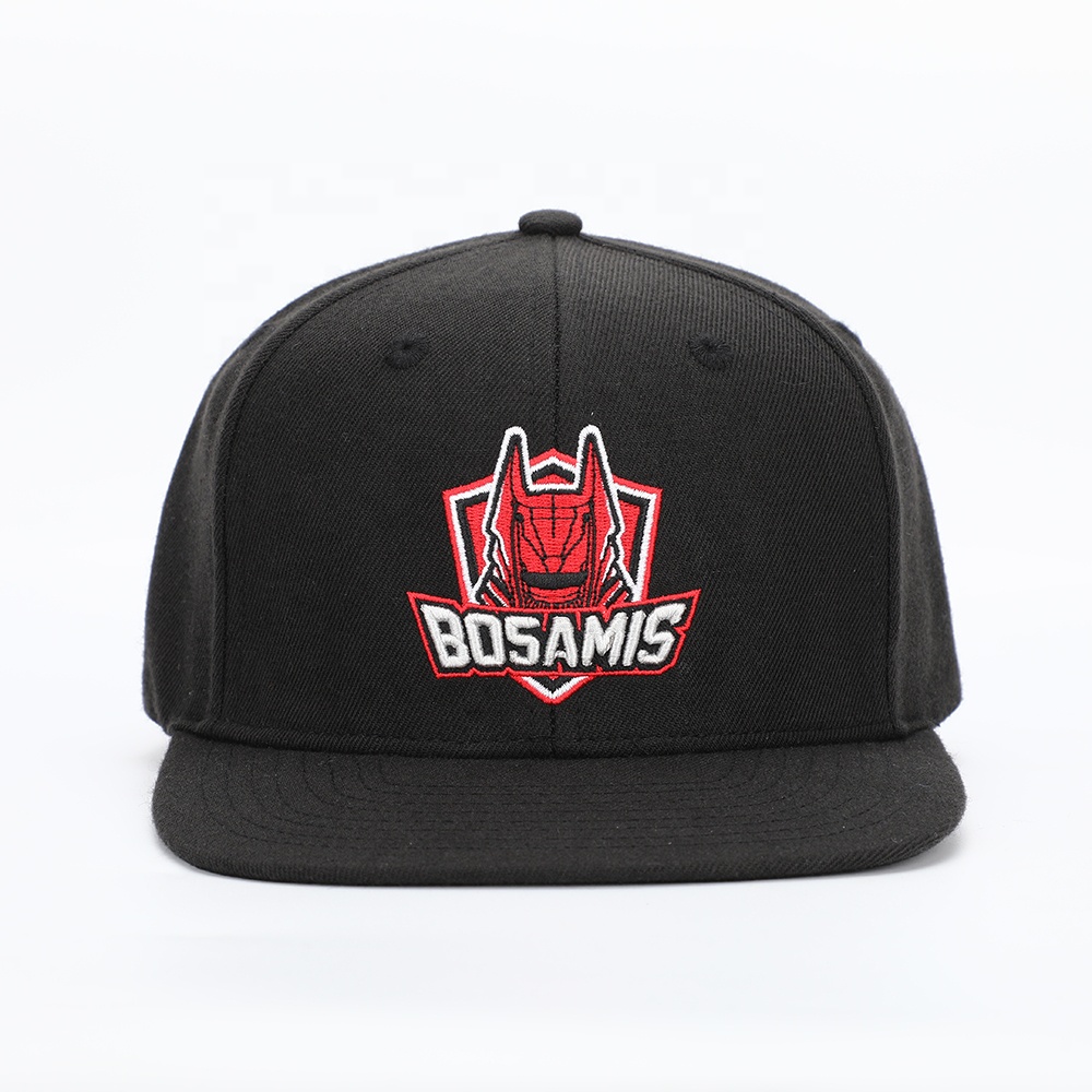 BOSAMIS Black 3D Embroidered Snapback Hat with Red Logo