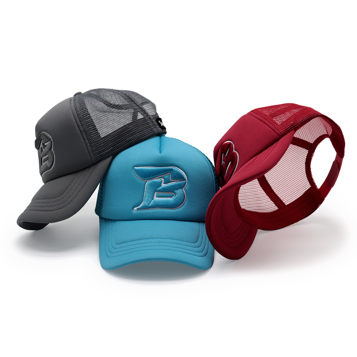 3D Embroidered B Trucker Hat – Light Blue Mesh Snapback Cap, Custom Baseball Hat, Unisex Adjustable