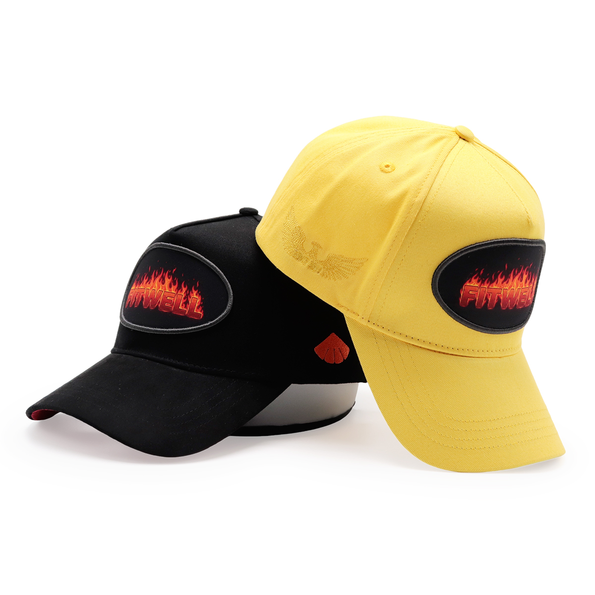 FITWELL Flame Embroidered Baseball Cap, 6-Panel Snapback Hat, Yellow & Black, Unisex Streetwear
