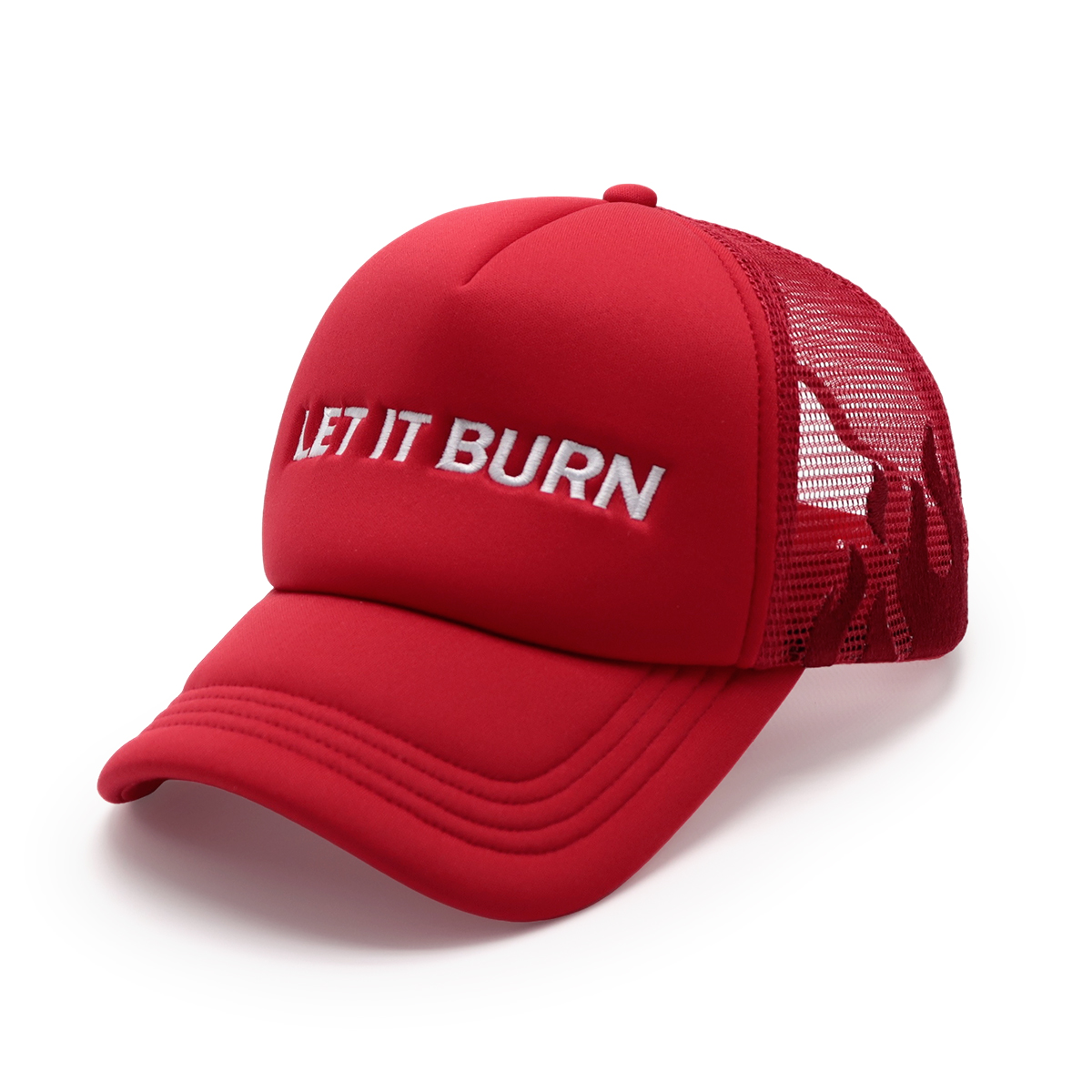 LET IT BURN Embroidered Trucker Hat – Black Flame Mesh Cap & Red Snapback Cap, Statement Baseball Hat, Unisex Adjustable