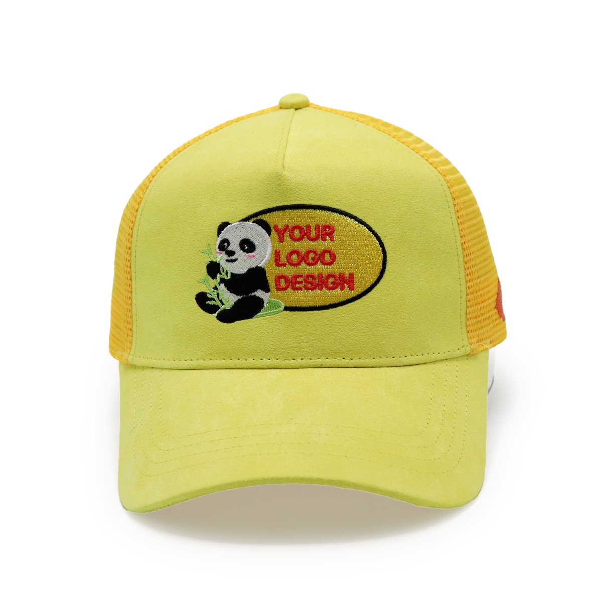 Custom Panda Embroidery Pink Trucker Hat – Suede Front Mesh Cap for Logo Design