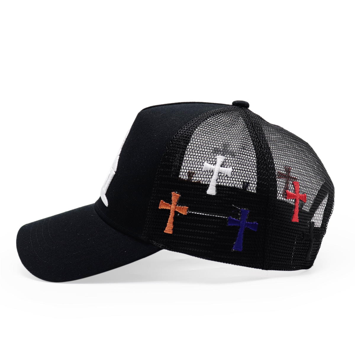 Black Church Embroidery Trucker Hat with Multicolor Crosses