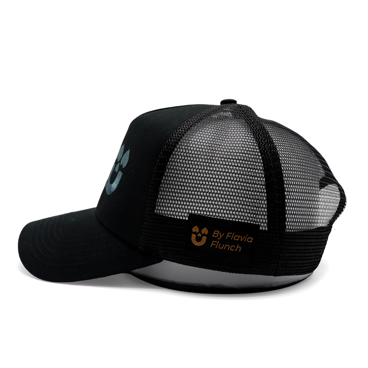 Black Cotton Twill Trucker Cap with 3D Embroidered FLU Logo | Mesh Snapback Hat