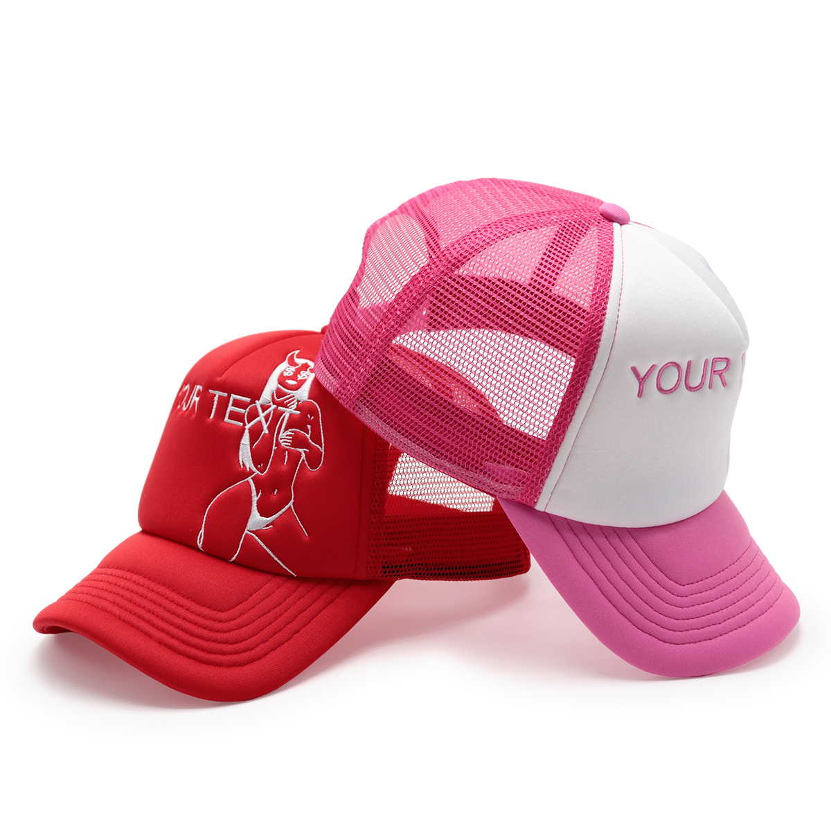 Custom Text Mesh Trucker Hat – Red or Pink/White Embroidered Personalized Baseball Cap