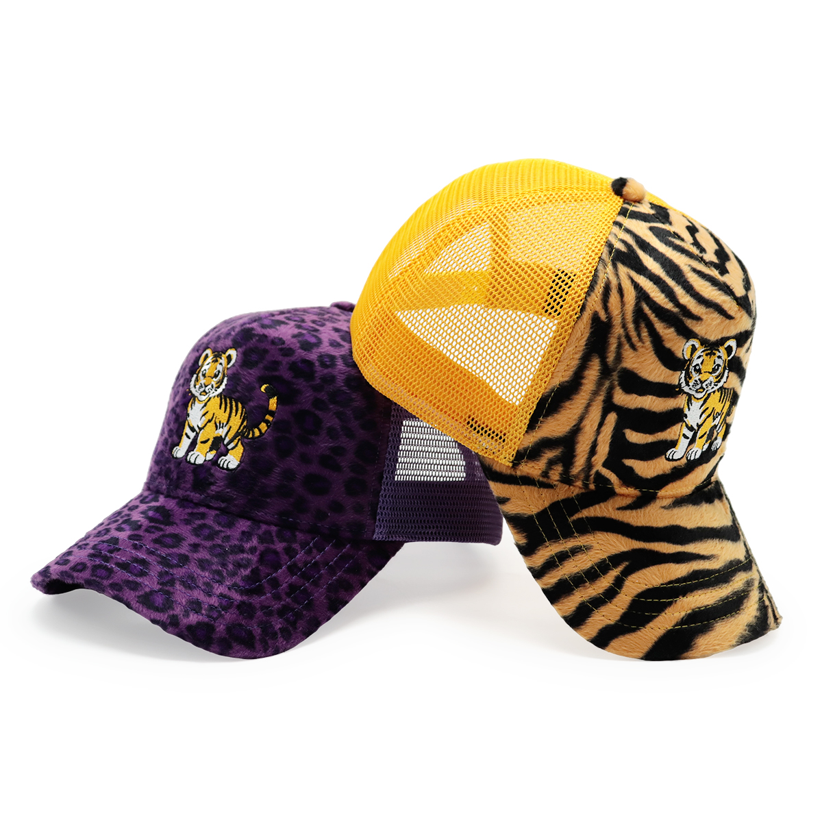 Velvet Animal Pattern Mesh Trucker Hat with Embroidered Tiger Logo