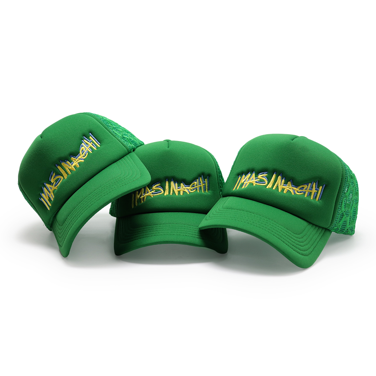 IMASINASHI Custom Trucker Hats with 3D Embroidery and Geometric Mesh