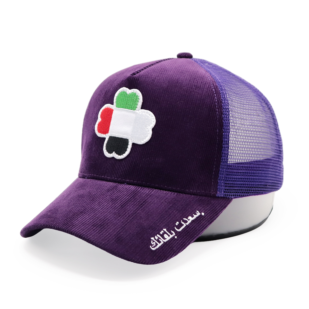 UAE Flag Clover Embroidered Corduroy Mesh Trucker Cap – Four-Leaf Lucky Baseball Hat