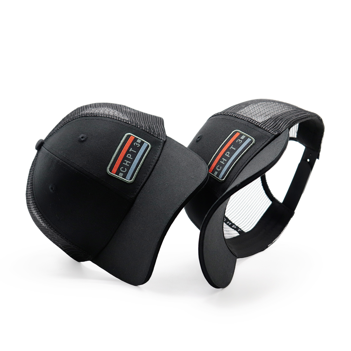 CHPT3 Black Trucker Cap, Mesh Back Snapback Hat, Embroidered Patch, Adjustable Unisex Baseball Hat