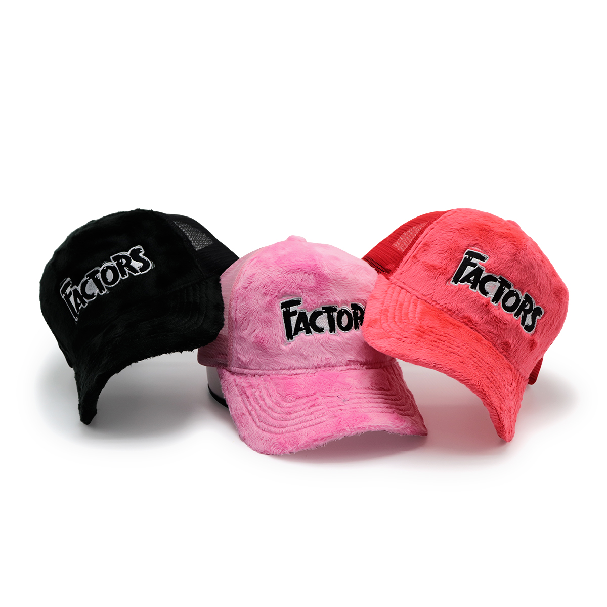 Custom Plush Faux Fur Trucker Hat with “FACTORS” Embroidery, Fluffy Mesh Unisex Streetwear Cap