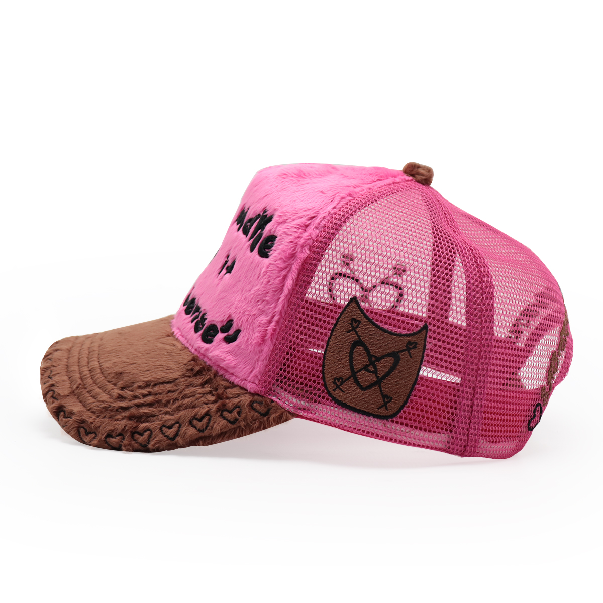 FITWELL Fuzzy Patchwork Trucker Hat – Embroidered Plush Mesh Baseball Cap