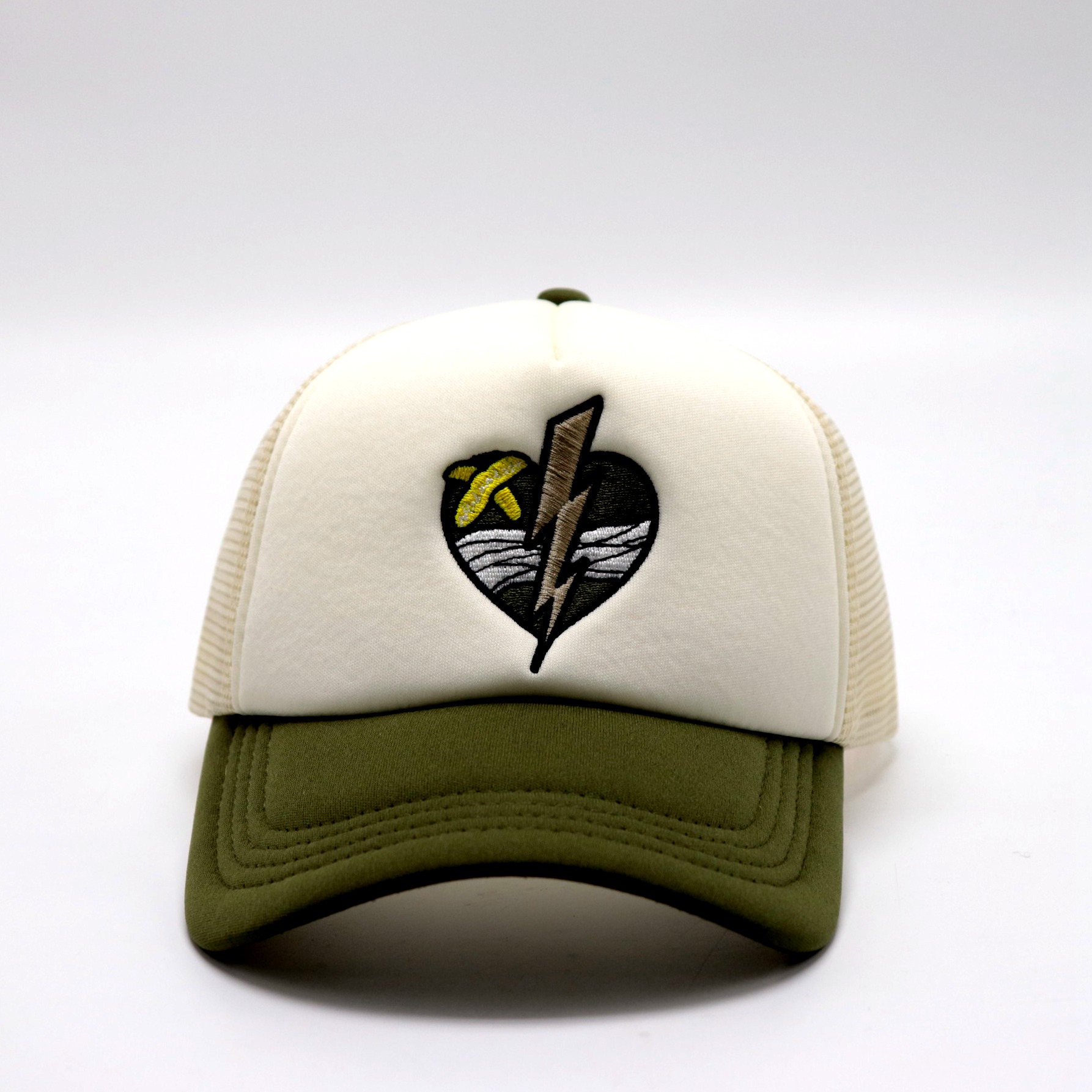 Embroidered Heart Lightning Mesh Trucker Cap – Khaki Green & Off-White, Adjustable Snapback, Unisex Artistic Hat
