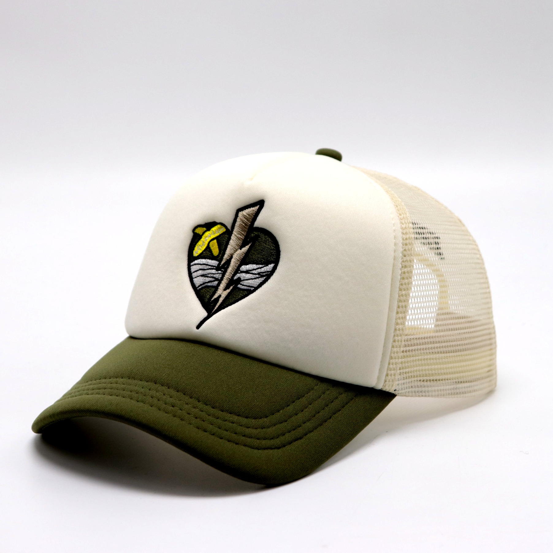 Embroidered Heart Lightning Mesh Trucker Cap – Khaki Green & Off-White, Adjustable Snapback, Unisex Artistic Hat