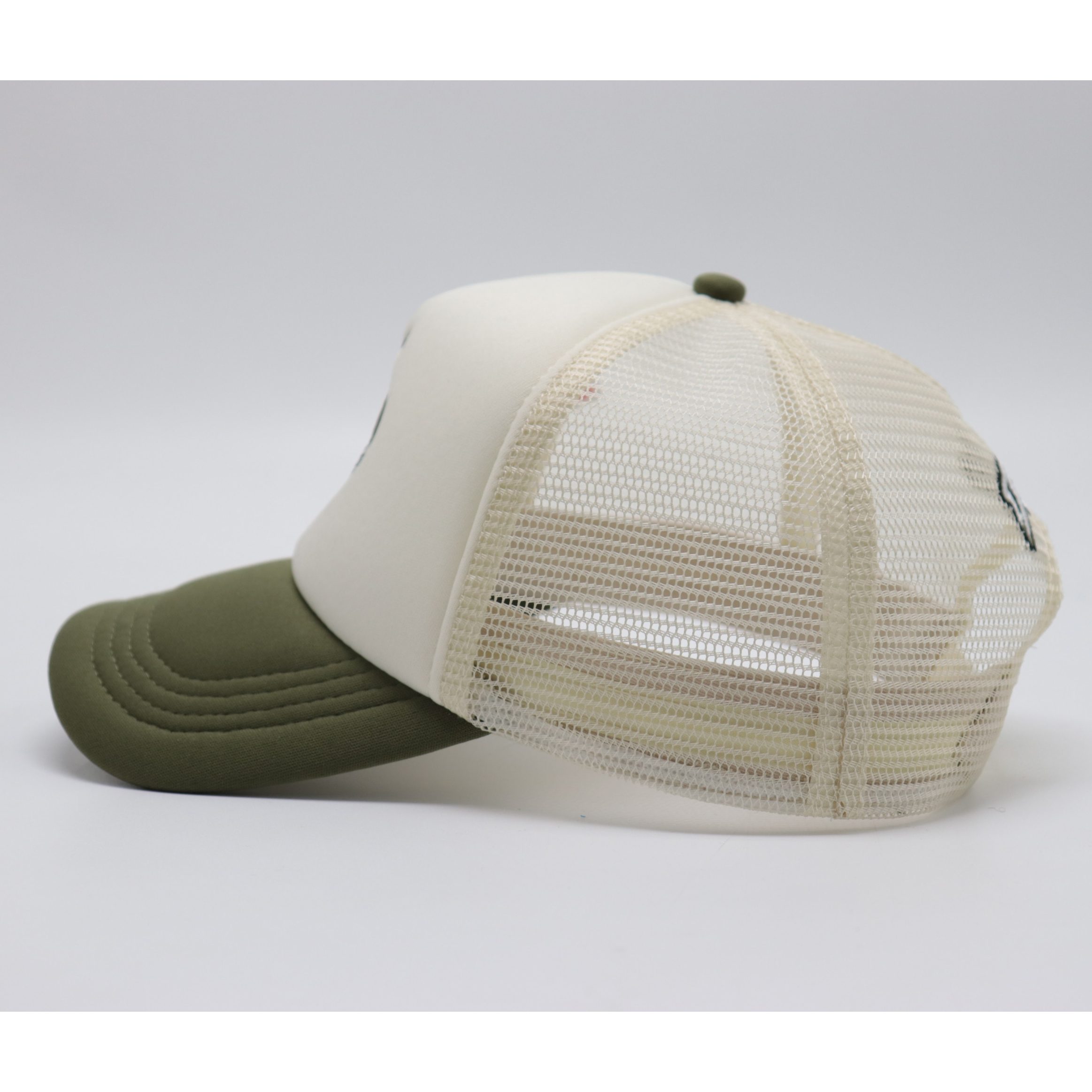 Embroidered Heart Lightning Mesh Trucker Cap – Khaki Green & Off-White, Adjustable Snapback, Unisex Artistic Hat