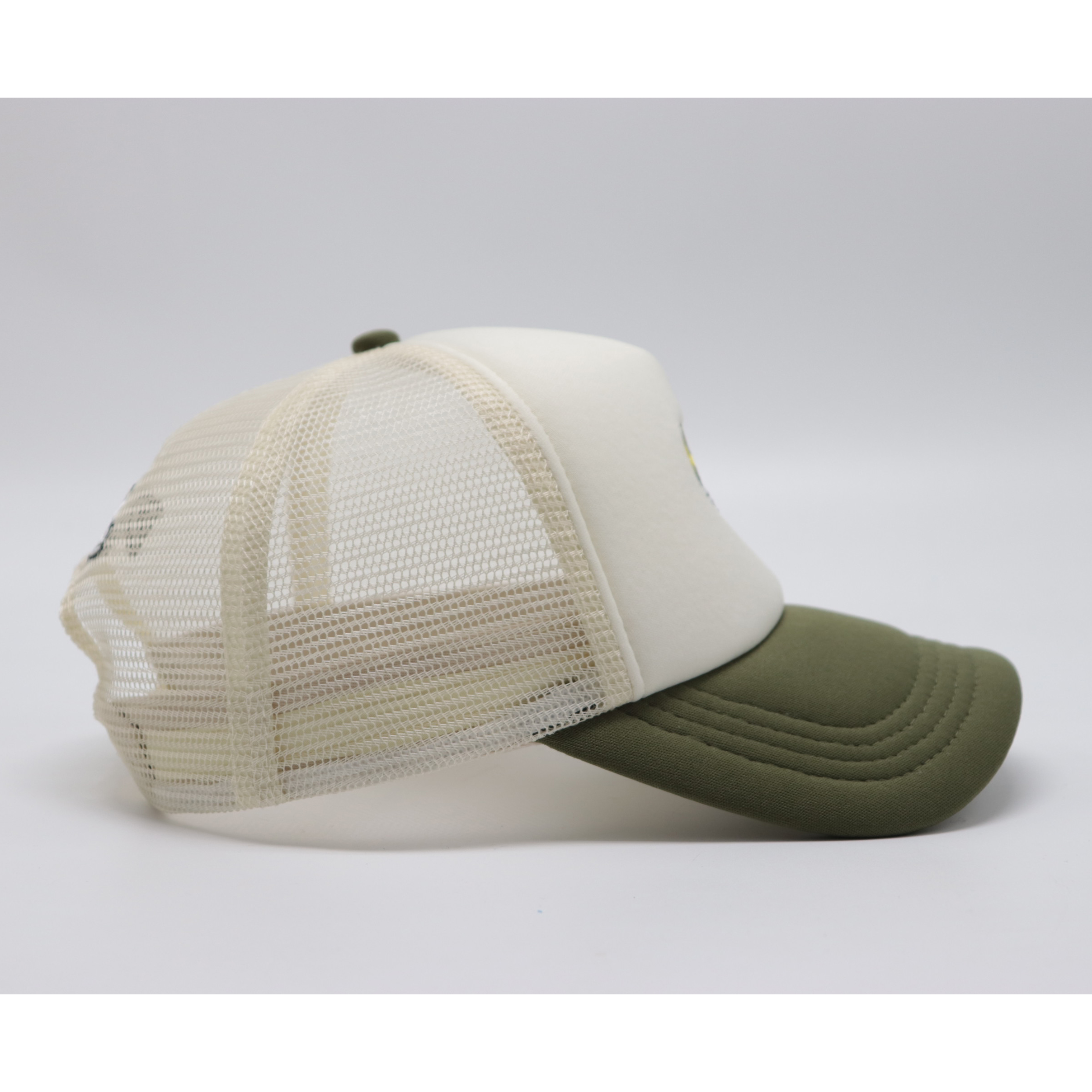 Embroidered Heart Lightning Mesh Trucker Cap – Khaki Green & Off-White, Adjustable Snapback, Unisex Artistic Hat