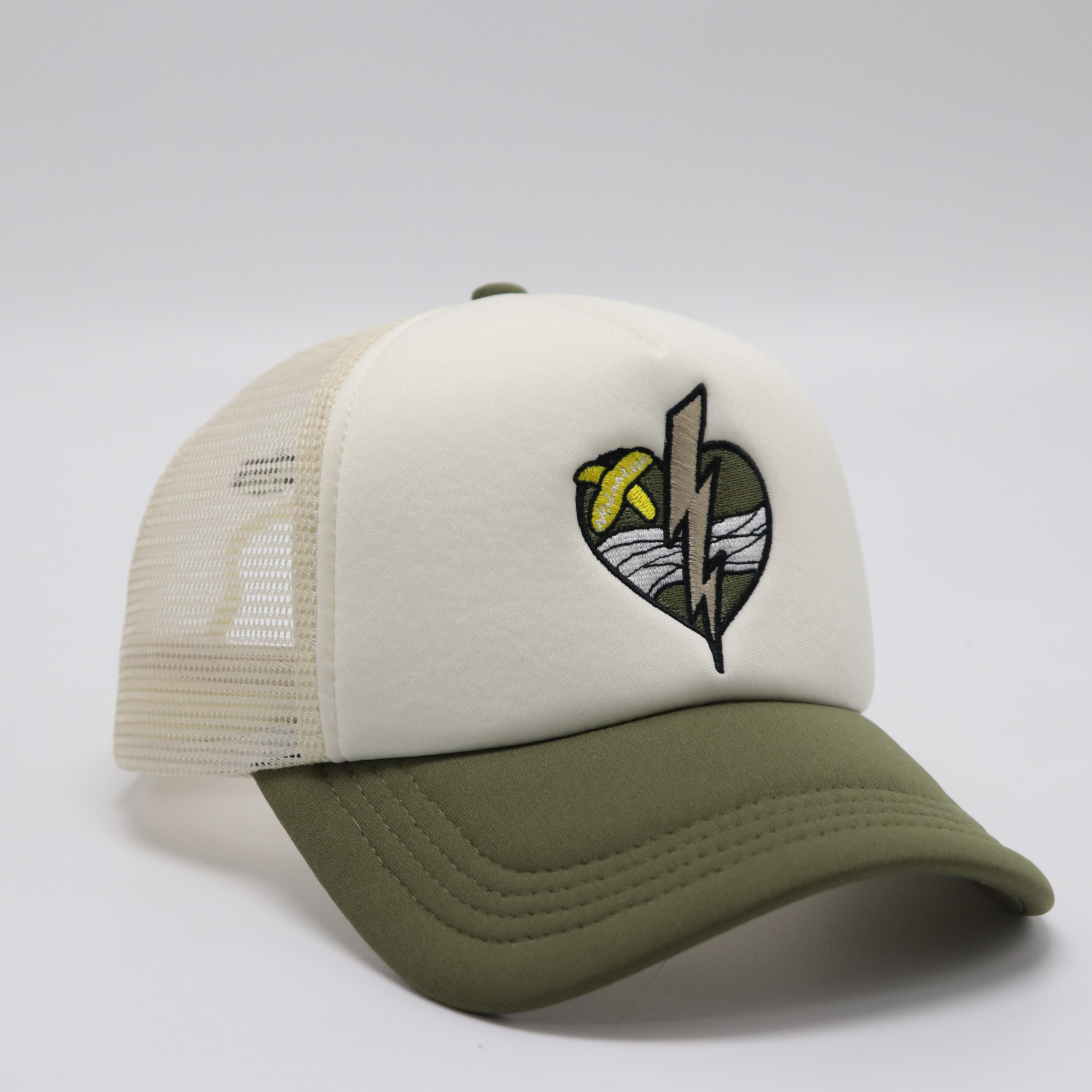 Embroidered Heart Lightning Mesh Trucker Cap – Khaki Green & Off-White, Adjustable Snapback, Unisex Artistic Hat