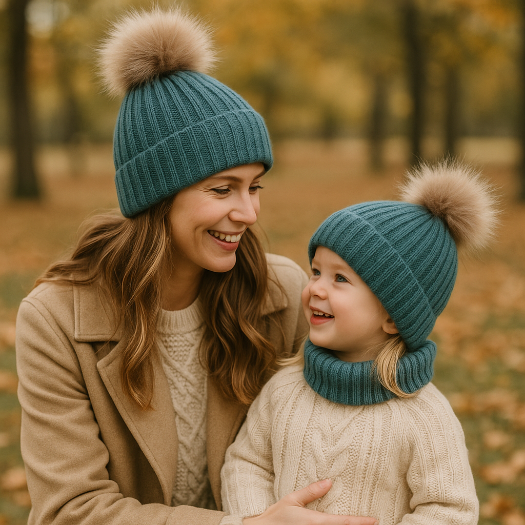 Warm Winter Knit Pom Pom Hat – Adult & Kid Matching Beanie Set
