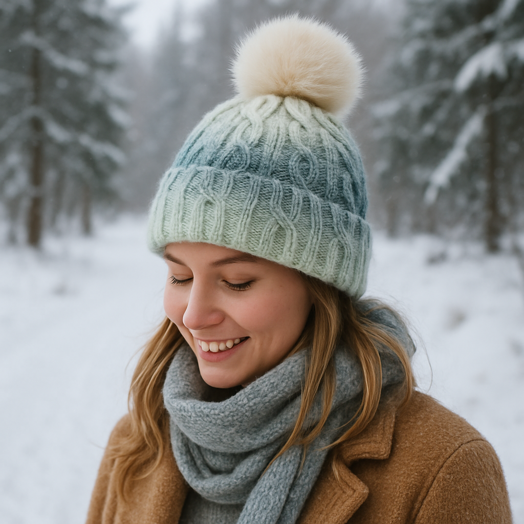 Rainbow Gradient Cable Knit Beanie with Faux Fur Pom Pom