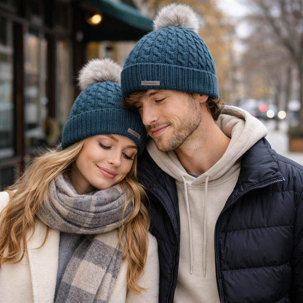 Winter Cable Knit Beanie with Faux Fur Pom Pom