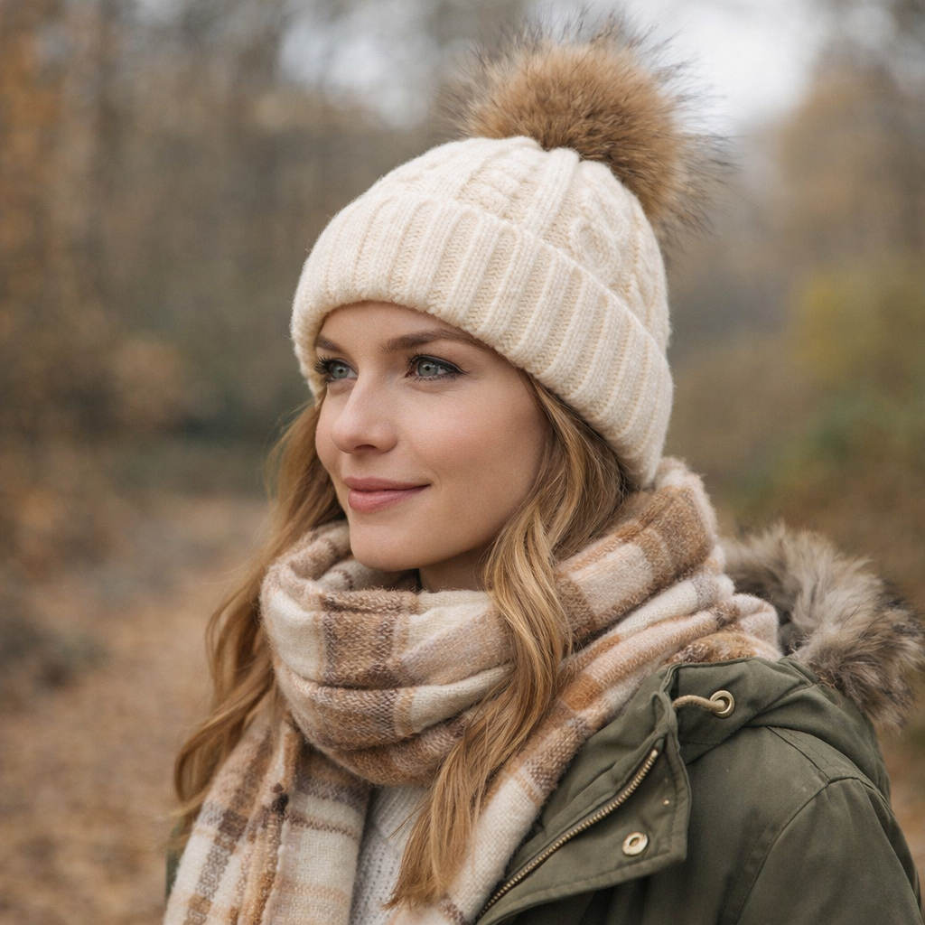 Winter Cable Knit Pom Pom Beanie – Soft Cuffed Hat with Faux Fur Ball
