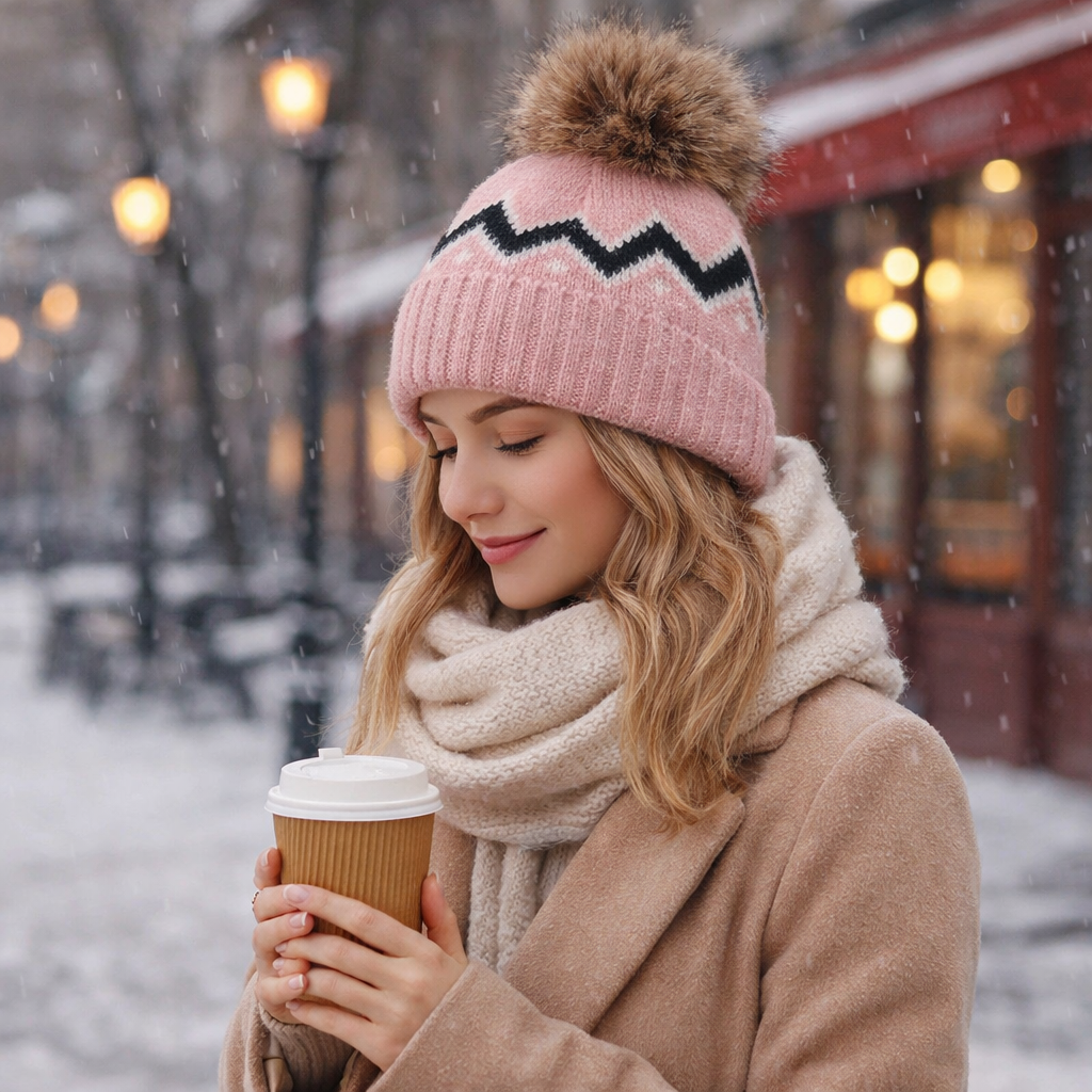 Winter Cable Knit Cuffed Beanie with Faux Fur Pom Pom for Women and Men