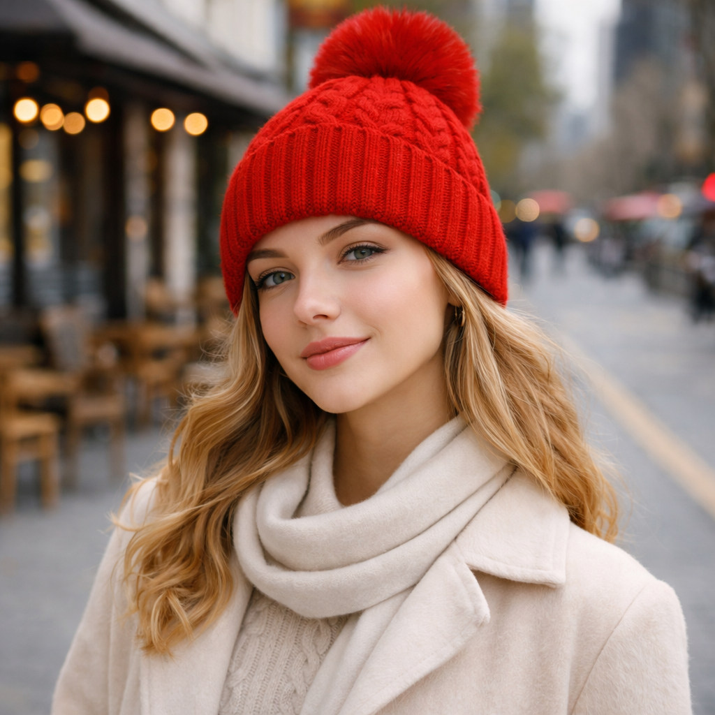 Winter Cable Knit Beanie Hat with Faux Fur Pom Pom
