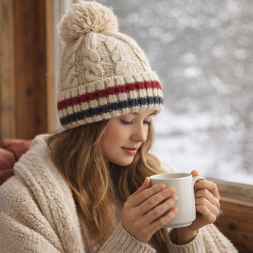 Women’s Winter Cable Knit Beanie with Pom Pom – Soft Warm Cuffed Hat