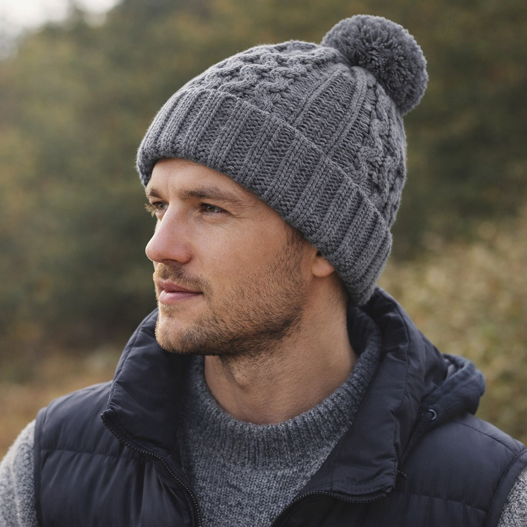 Winter Knit Pom Pom Beanie Hat – Soft Warm Cable Knit Hat for Adults