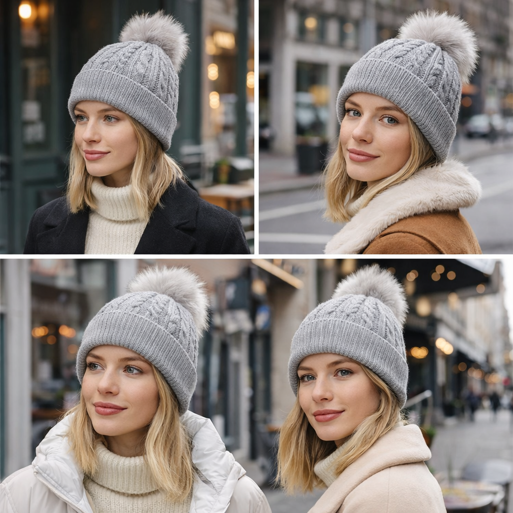 Winter Cable Knit Pom Pom Beanie – Thick Warm Cuffed Design