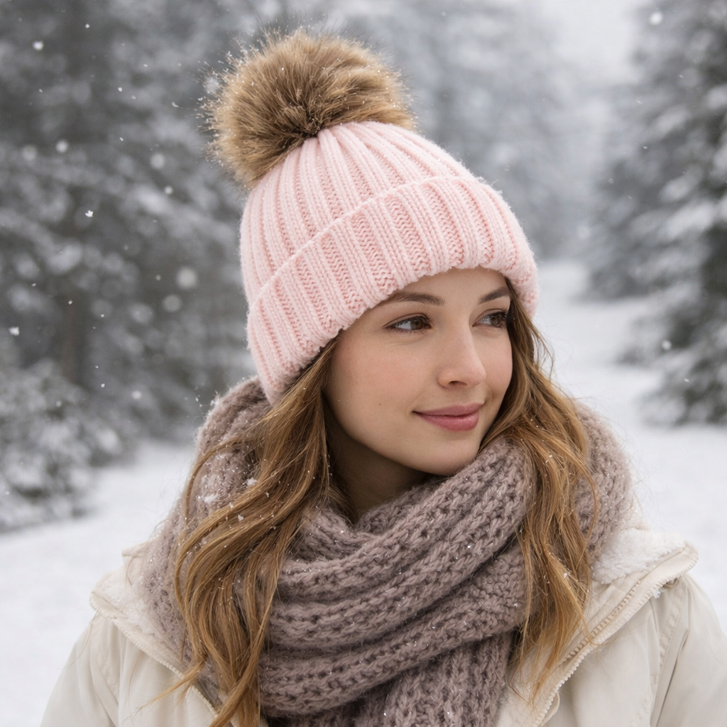 Winter Warm Ribbed Beanie Hat with Faux Fur Pom – Cuffed Knit Cap