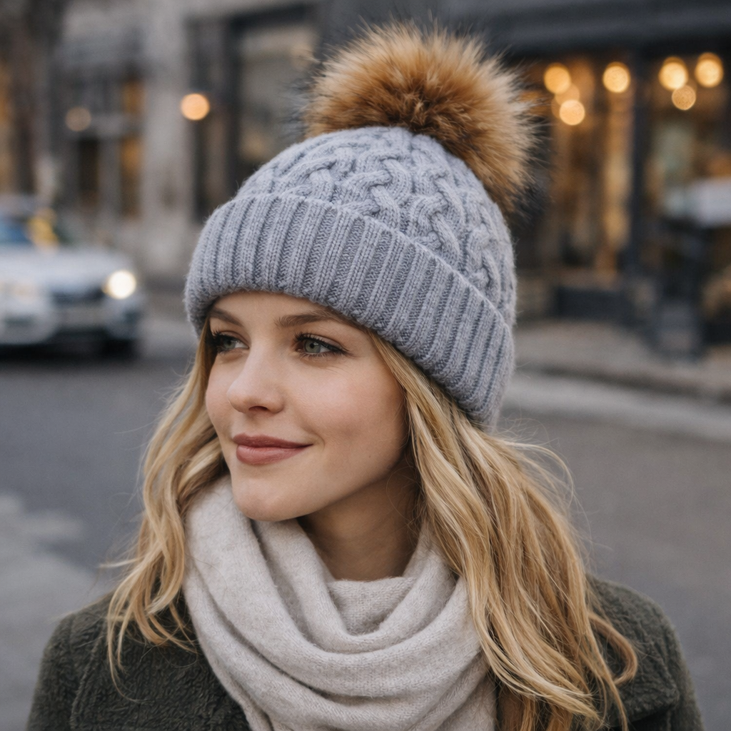 Winter Faux Fur Pom Cable Knit Beanie – Warm Chunky Cuffed Hat