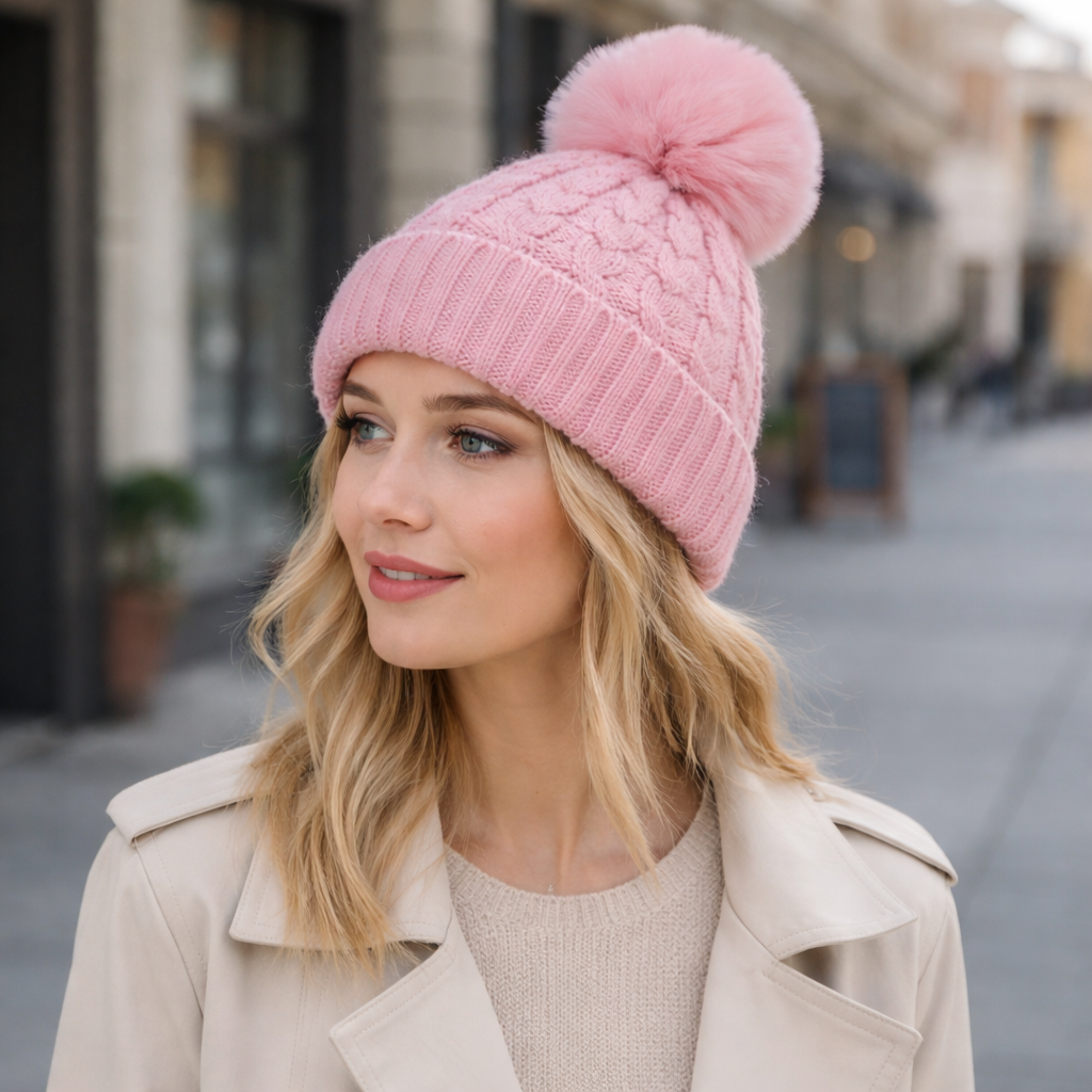 Winter Warm Knit Beanie Hat with Faux Fur Pom for Women - Soft Ribbed Cuffed Style