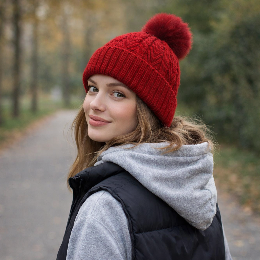 Women’s Cable Knit Cuffed Beanie with Faux Fur Pom Pom for Winter