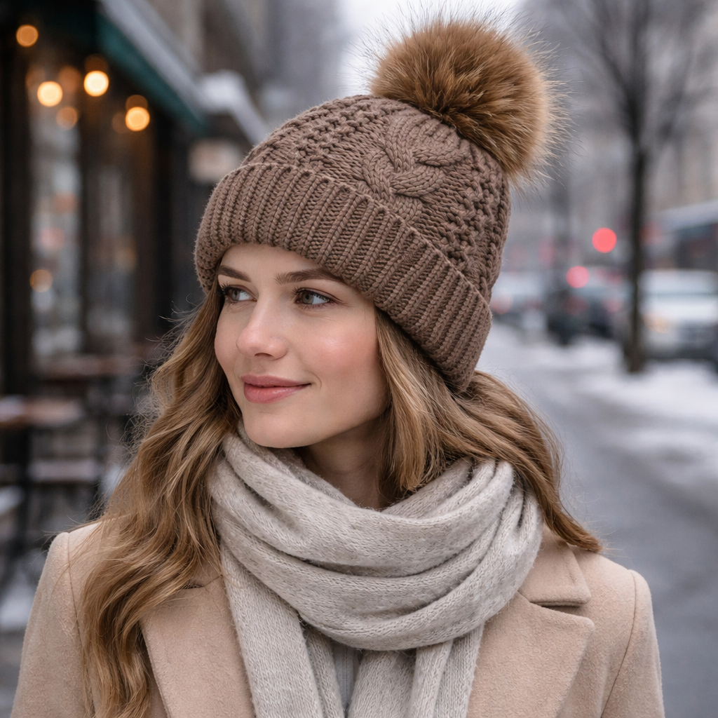 Winter Cable Knit Beanie with Faux Fur Pom – Soft Warm Cuffed Hat