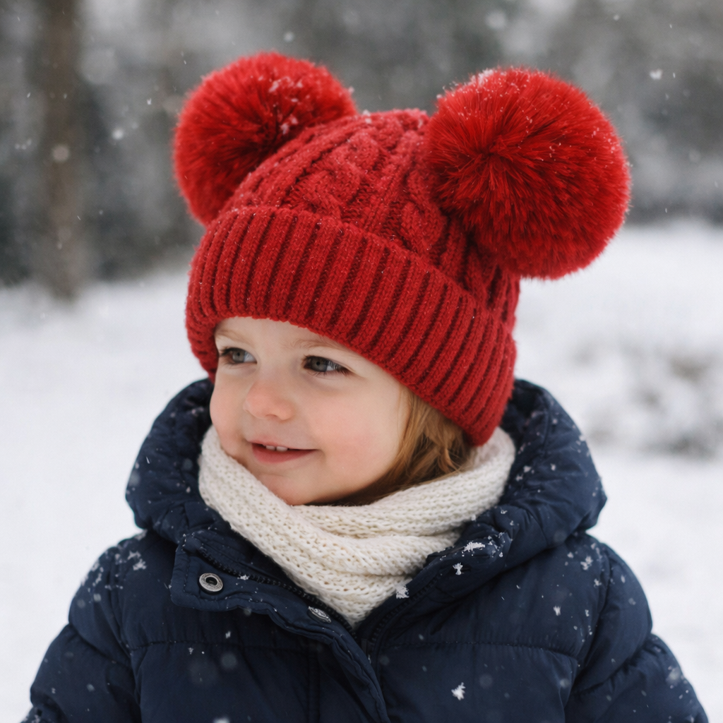 Double Pom Pom Soft Knit Winter Beanie for Kids and Adults