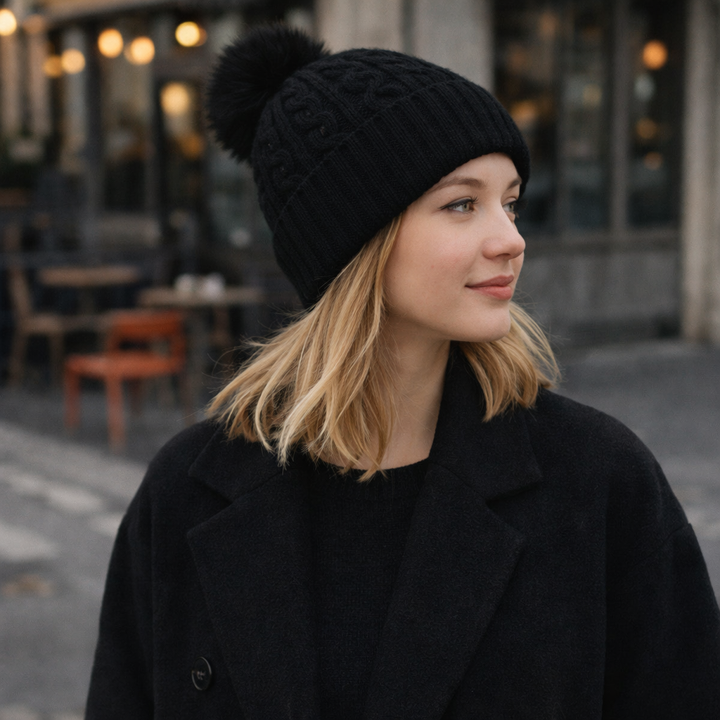 Winter Warm Cable Knit Beanie with Faux Fur Pom Pom
