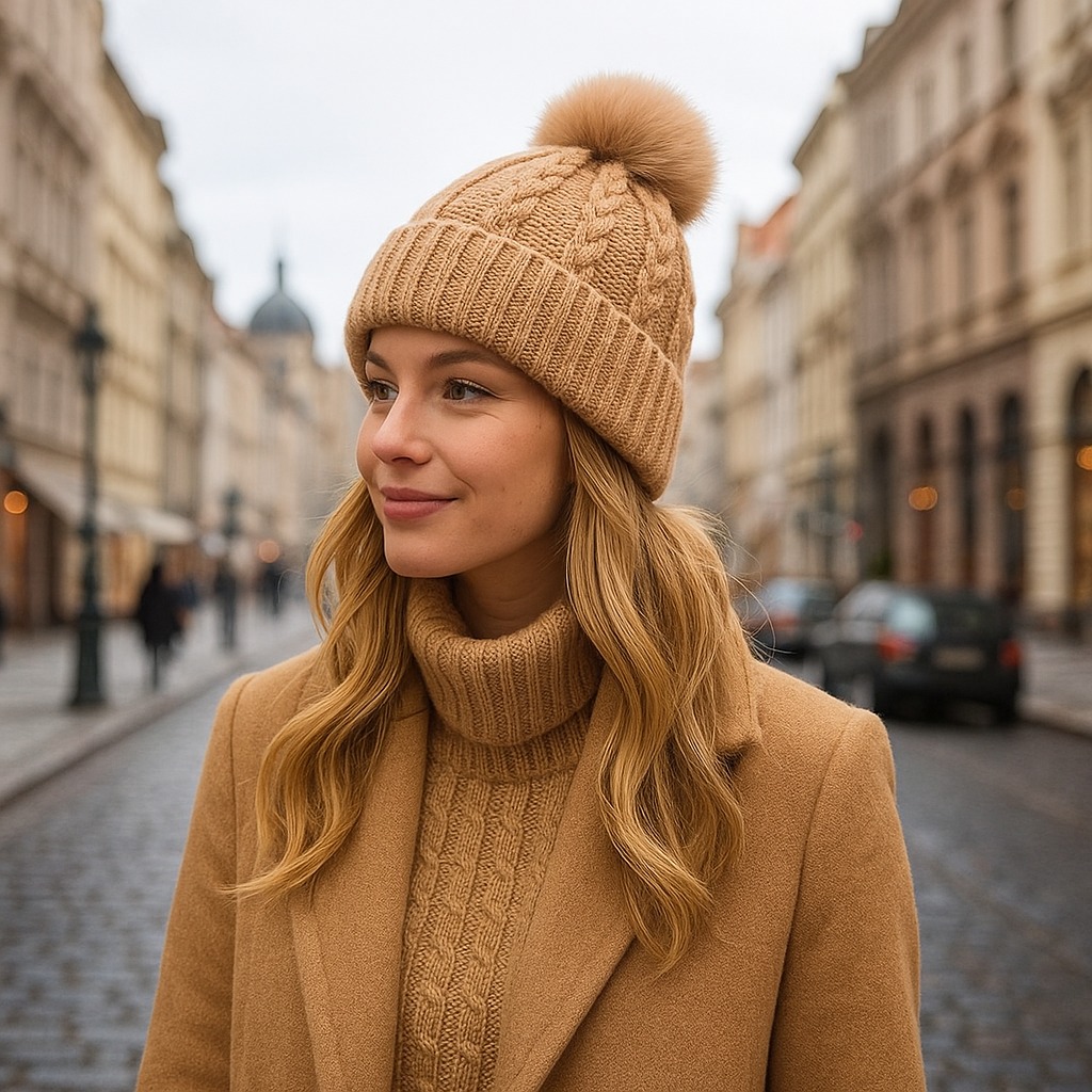 Winter Warm Knit Beanie Hat with Faux Fur Pom Pom – Multiple Colors