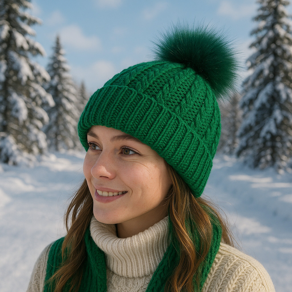 Winter Cable Knit Pom Pom Beanie Hat with Faux Fur