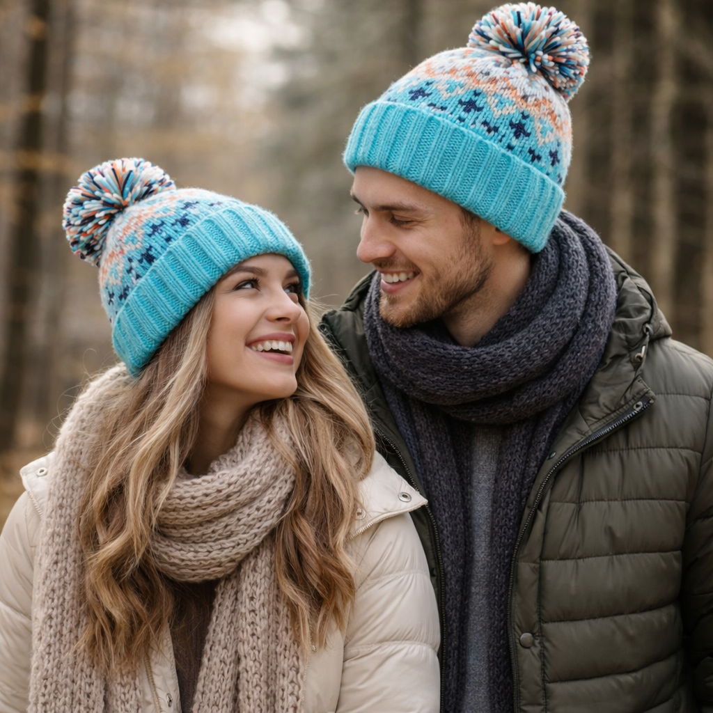 Multicolor Winter Knit Beanie Hat with Pom Pom and Nordic Pattern