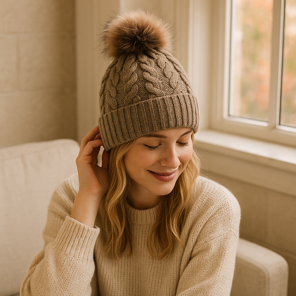 Winter Cable Knit Pom Pom Beanie Hat with Faux Fur
