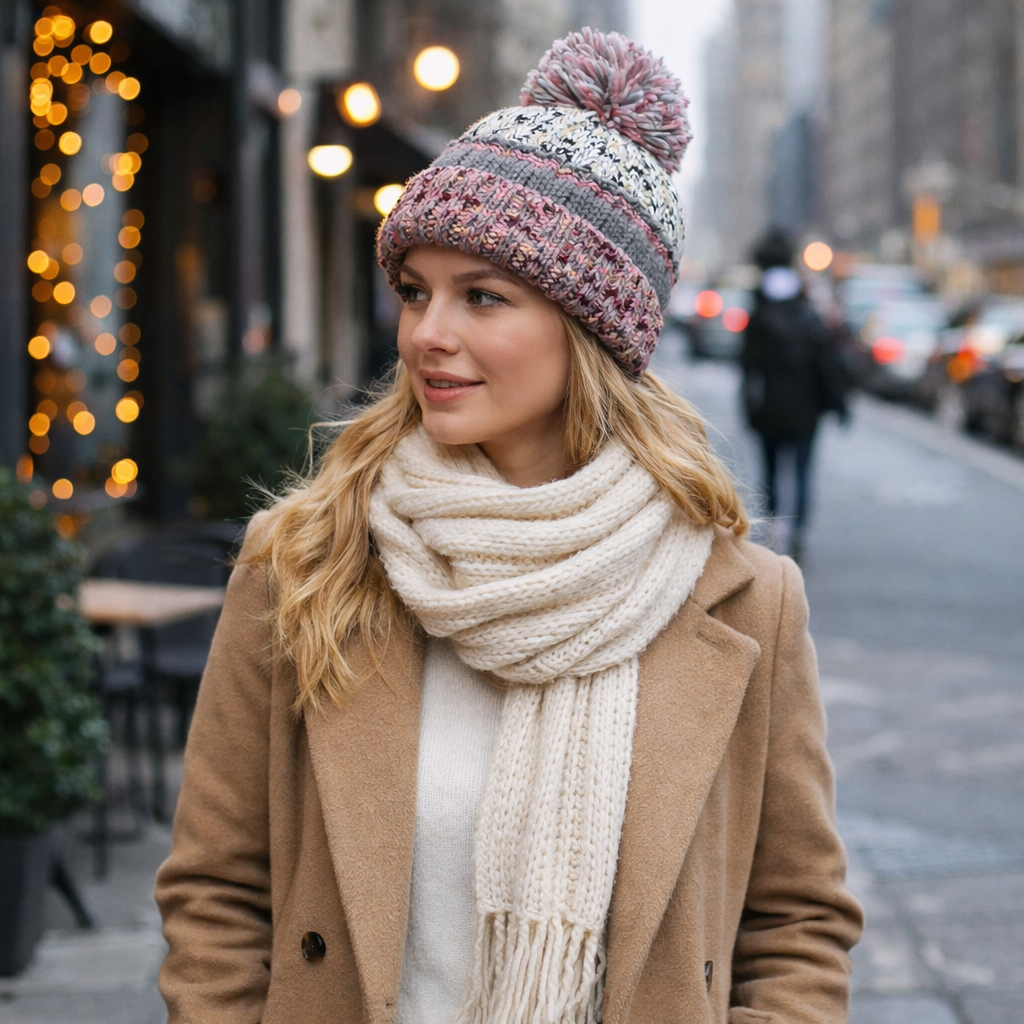 Cozy Cable Knit Cuffed Beanie with Faux Fur Pom Pom (Unisex Winter Hat)