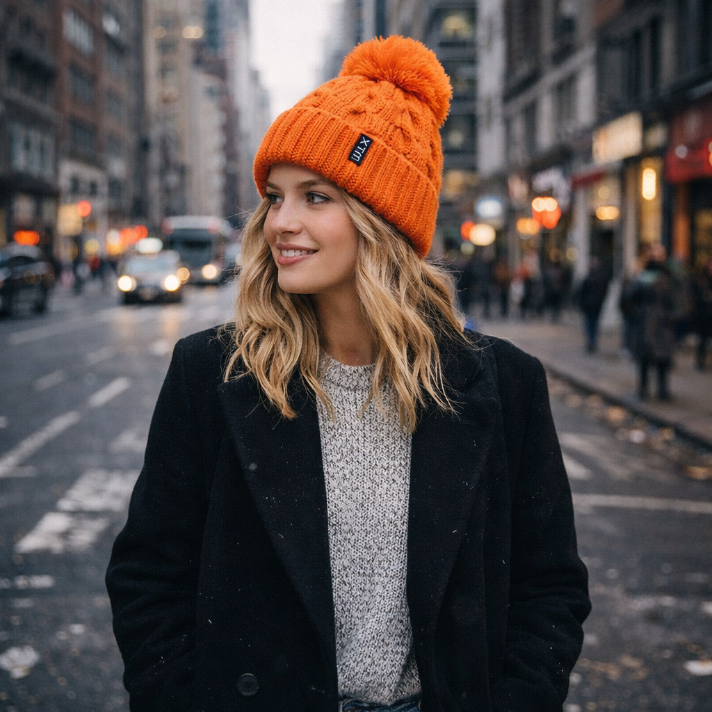 Thick Cable Knit Cuffed Beanie with Faux Fur Pom Pom for Winter