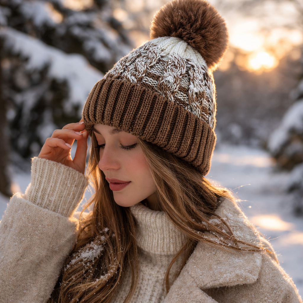Gradient Cable Knit Pom Pom Beanie with Cuffed Ribbed Hem
